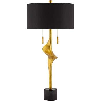 Possini Euro Design Athena Modern Buffet Table Lamp 35 1/2" Tall Sculptural Gold Leaf Black Drum Shade Bedroom Living Room Bedside Nightstand Office