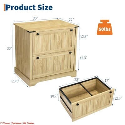 Product dimensions diagram of a wood filing cabinet with two drawers