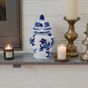 Sagebrook Home 10" Temple Jar with Lid - Ceramic White and Blue Chinoiserie Floral Stoneware for Home, Office - 1 of 4