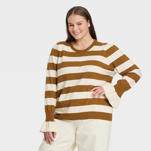 Women's Plus Size Crewneck Pullover Sweater - Who What Wear Dark Brown Striped 1X