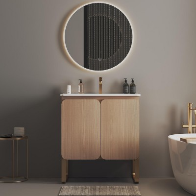 TUYOHW Freestanding and Wall Mounted Light Wood Bathroom Vanity with Ceramic Sink, Large Storage Vanity 2 Doors for Modern Bathrooms