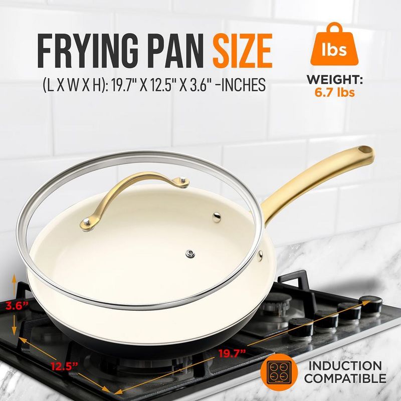 NutriChef 12” Fry Pan With Lid - Large Skillet Nonstick Frying Pan with Golden Titanium Coated Silicone Handle, Ceramic Coating, 2 of 4