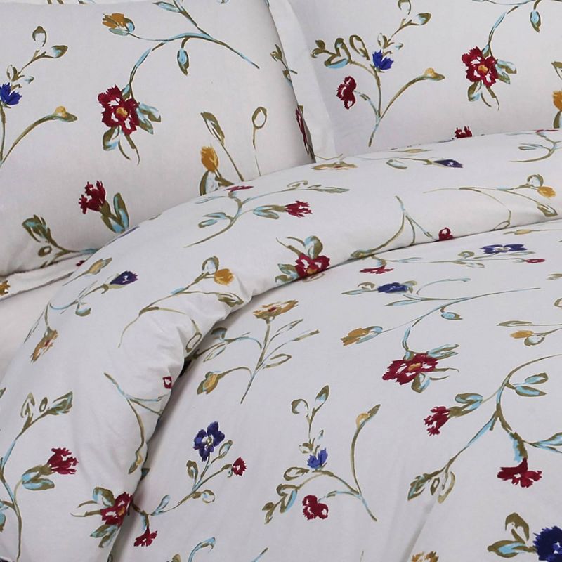 3pc Queen Floral Garden Cotton Flannel Printed Oversized Duvet Set Multi - Tribeca Living, 3 of 5