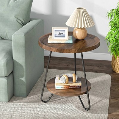 Brown Round Wood and Metal 2-Tier Side Table