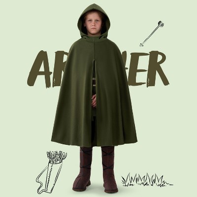 Joyfy Halloween Child Boy Green Hooded Archer Cape Cloak – Kids Medieval Renaissance Wizard Robe Outfit with Hood for Cosplay & Themed Parties