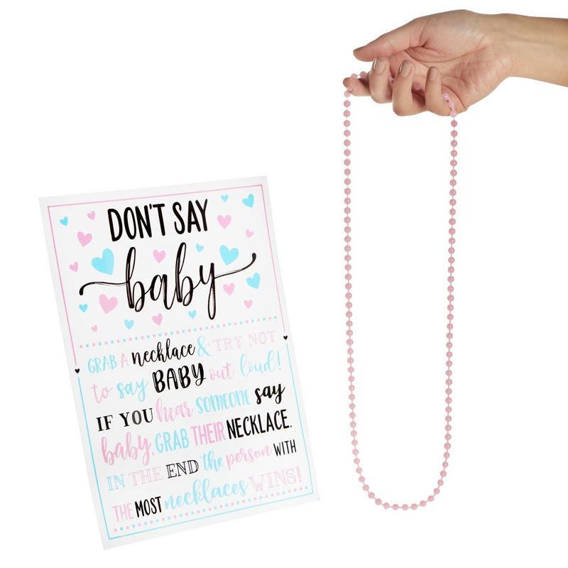 Sparkle and Bash Don't Say Baby Easel Sign, Baby Shower Games for Gender Reveal Favors, Decorations, 1 Sign and 36 Pink Beaded Necklaces, 3 of 9