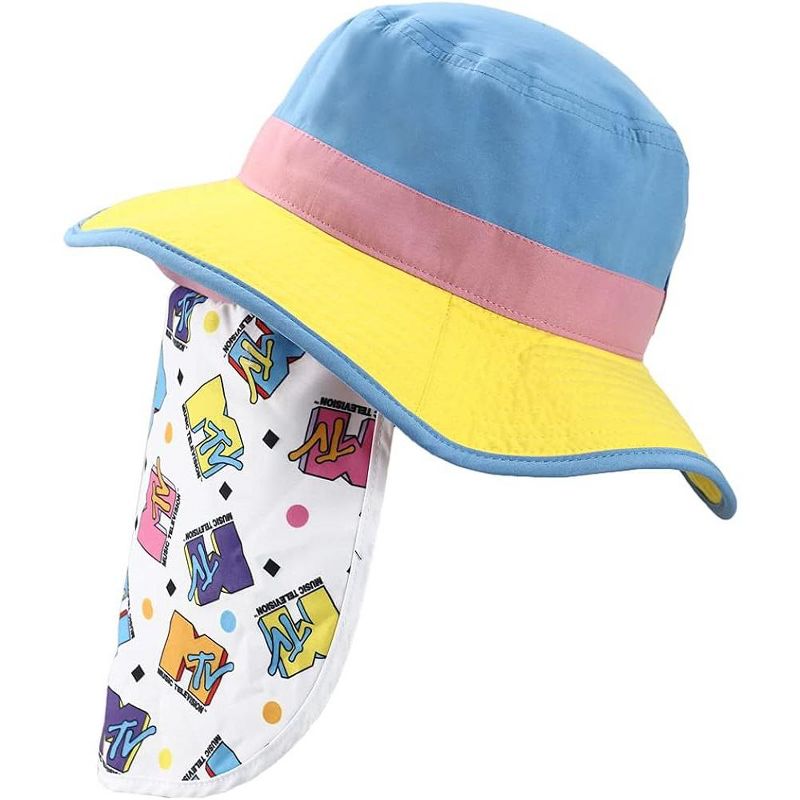 MTV 90's Throwback Logo Color Block Wide Brim Boonie Sun Hat With Neck Drape Multicoloured, 3 of 7