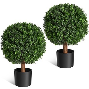 24in Artificial Boxwood Topiary Trees (Set of 2) - UV Resistant Faux Plants in 6x5in Pots for Porch, Entryway & Indoor Decor - 1 of 4