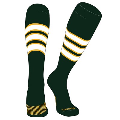 PEAR SOX Striped OTC Baseball, Softball, Football Socks (C) Forest Green, Gold, White (S)