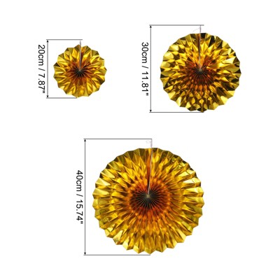 Gold Foldable Party Hanging Paper Fans with Clips, Set of 12