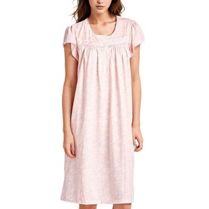 YafeMarte Women’s Short Sleeve Cotton Blend Nightgown with Lace Trim and Floral Design - 1 of 4