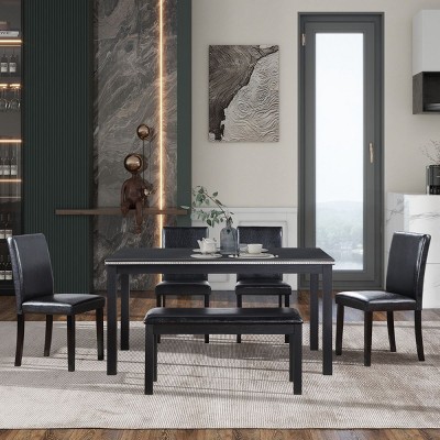 6 Piece Wooden Kitchen Dining Room Set,Wood Rectangular Table for 6 with Upholstered Parsons Dining Room Chair and 2 Seater Bench-Cuddlewood