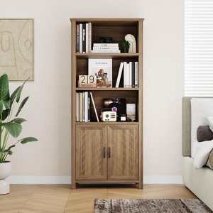 71" Tall Bookcase with Doors, Farmhouse Bookshelf Cabinet with Adjustable Shelves, Wooden Storage Bookcase for Bedroom, Living Room, Home Office - 1 of 4