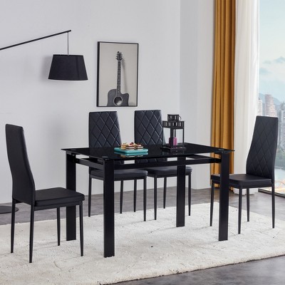 5-Piece Dining Set with Glass Table and Pu Soft Leather Chairs