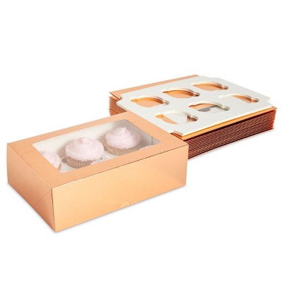 Blue Panda 15 Pack Rose Gold Cupcake Boxes with Window and 6-Count Inserts, Popup Style