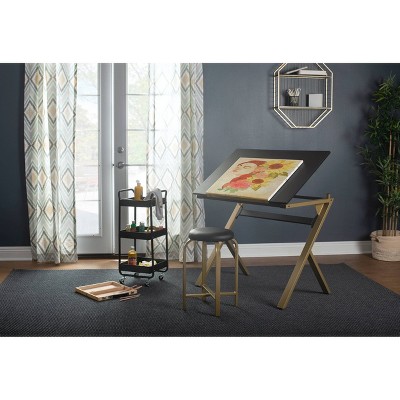 Stellar 36" Black and Gold Adjustable Drawing Table with Padded Stool
