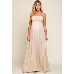 PinkBlush Beige Smocked Halter Maternity Maxi Dress - 1 of 4