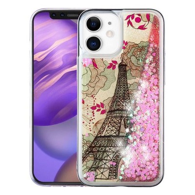 Airium Quicksand Glitter Hybrid Protector Case Compatible With Apple iPhone 12 Mini (5.4") - Eiffel Tower & Pink Hearts