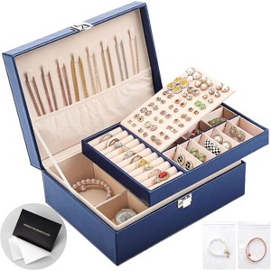 2-Layer Leather Jewelry Box with Lock, Travel Organizer with Removable Tray & Jewelry Bags - 1 of 4