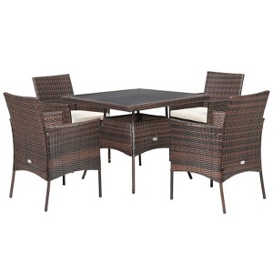 Tangkula 5 PCS Outdoor Rattan Dining Set Patio Wicker Conversation Set w/Cushioned Chair & Glass Table - 1 of 4