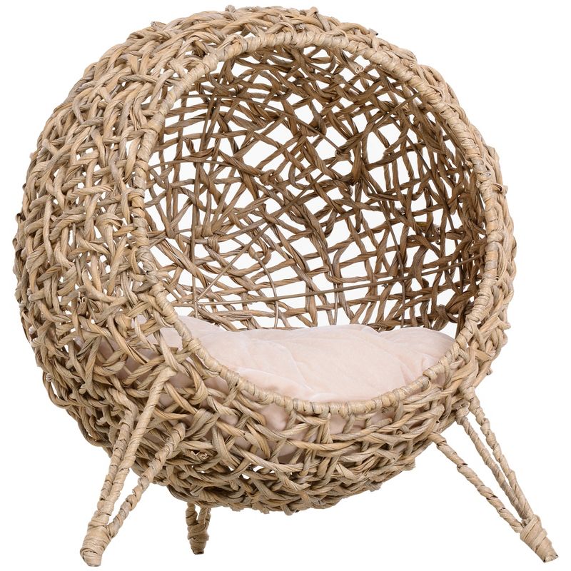 PawHut Rattan Cat Bed Elevated Wicker Kitten House with Cushion, Natural, 20.5" x 20.5" x 22.75", 1 of 8