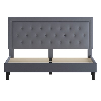 Modern King-Sized Light Gray Tufted Upholstered Platform Bed with Wooden Slats