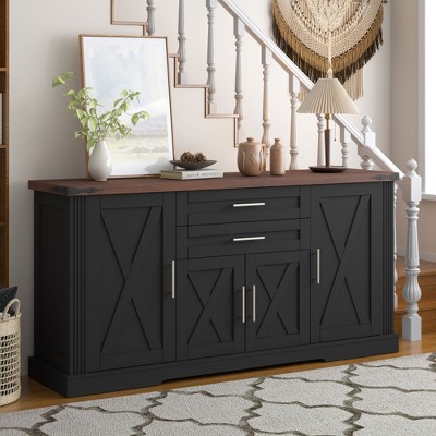 Kumasinova 63" Farmhouse Buffet Cabinet with 4 Barn Doors,Sideboard Storage with Adjustable Shelves,2 Drawers for Kitchen,Living Room,Entryway