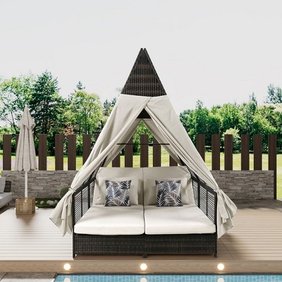 Chic Crate-Weatherproof Outdoor Daybed - Adjustable Backrest & Double Sun Lounger with Detachable Curtains, 4 Cushions for Patio (Beige)