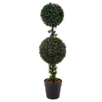 Nature Spring Home Decor Double Ball Artificial Podocarpus Topiary in Sturdy Pot - 36-in