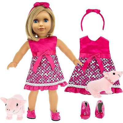 4pc Pink Flower Dress Doll Outfit w Pig Plush-18" Doll Clothes & Accessories Compatible w American Girl Doll-Dress, Headband, Shoes, & Stuffed Pet Pig