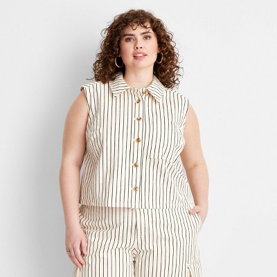 Women's Collared Button-Down Shirt - Future Collective Black Striped 2X