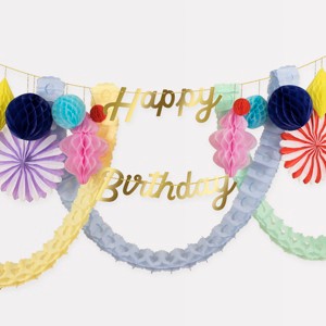 Meri Meri Happy Birthday Honeycomb Garland (Pack of 1). Garland length is 9'. Measures 13' including excess cord. - 1 of 4