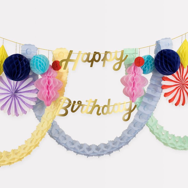 Meri Meri Happy Birthday Honeycomb Garland (Pack of 1). Garland length is 9'. Measures 13' including excess cord., 1 of 5