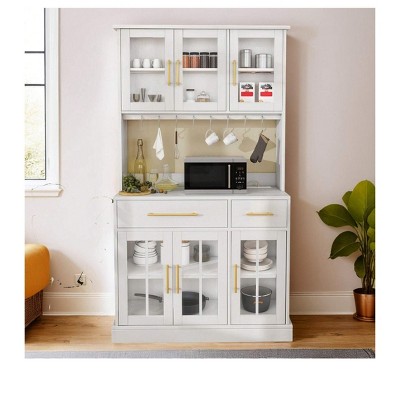 71 Inch Large Modern Home Bar Cabinet with Glass Rack Storage Shelves Hooks Kitchen Buffet Sideboard Display Cupboard for Dining Living Room, White