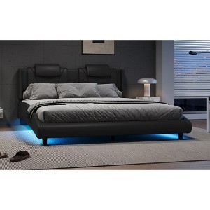 DOMETOUR Modern Style Faux Leather Upholstered Platform Bed Frame with LED Light and Adjustable Headboard, No Box Spring Needed, Full Size, Black - 1 of 4