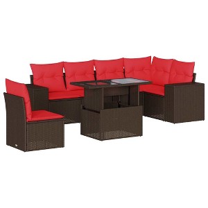 vidaXL 7 Piece Garden Sofa Set with Cushions Brown Poly Rattan - 1 of 4