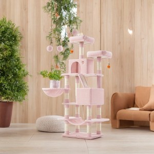 66.1 Inch Large Cat Tree Cat Tower with Scratching Posts, 2 Perches, 2 Caves, Basket, Hammock, Pompoms, Multi-Level Plush Cat Condo for Indoor Cats - 1 of 4