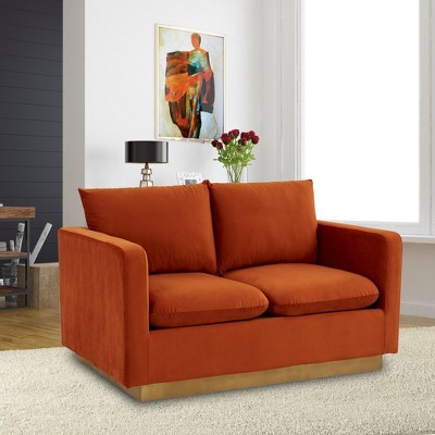 Mid-Century Modern Velvet Loveseat in Orange Marmalade with Gold Frame