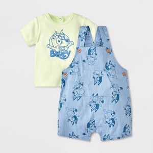 Baby Boys' 2pc Bluey Chambray Short Sleeve Overalls & T-Shirt Set - Blue/Green - 1 of 4