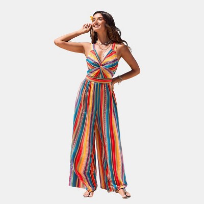 Women's Vibrant Rainbow Striped Jumpsuit for Beach Getaways - Cupshe