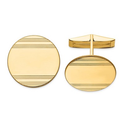 Black Bow Jewelry 14K Yellow Gold Striped Round Disc Cuff Links, 20mm
