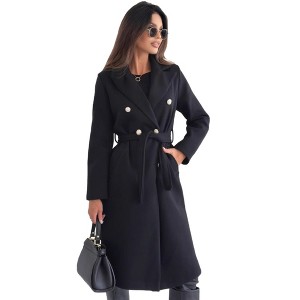 Women Elegant Notched Collar Double Breasted Overcoat with Tie Belt Trench Coat Fall Winter - 1 of 4