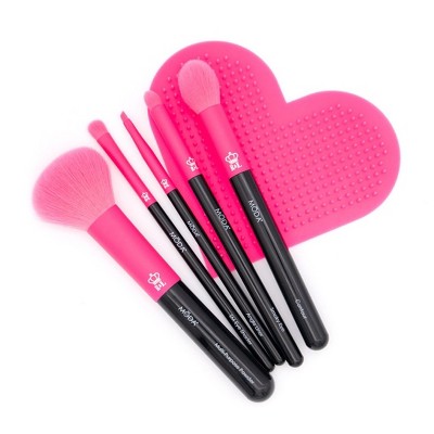 MODA Brush Neon Brush Set with Heart Scrubby, Includes - Multi-Purpose Powder, Contour, SM Eye Shader, Smoky Eye, and Angle Liner Makeup Brushes