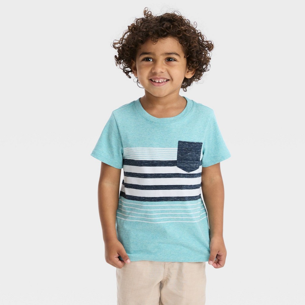 Toddler Boys' Striped Pocket Short Sleeve T-Shirt - Cat & Jack™ Teal Blue 3T