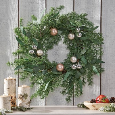 DOMETOUR 26 Inch Artificial Christmas Wreath, Pine Needle Wreath with Balls for Front Door Winter Christmas Decor Indoor Outdoor