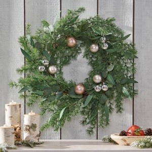 DOMETOUR 26 Inch Artificial Christmas Wreath, Pine Needle Wreath with Balls for Front Door Winter Christmas Decor Indoor Outdoor - 1 of 4