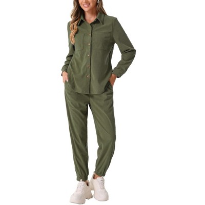 Allegra K Women's 2 Piece Outfits Fall Long Sleeve Button Down Shirt and Pants Set Corduroy Tracksuit