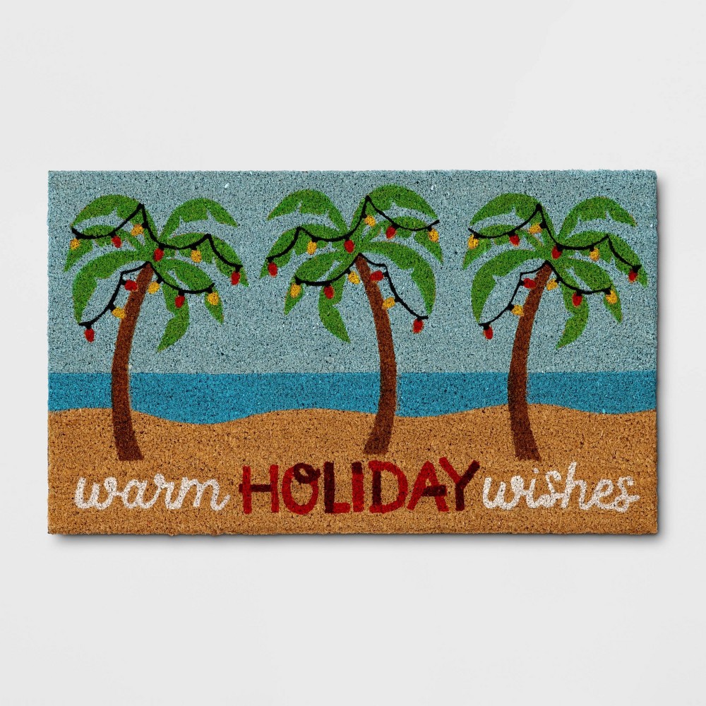 Photos - Doormat 1'6"x2'6" Christmas 'Warm Holiday Wishes' Palm Tree Coir  Green/Blu