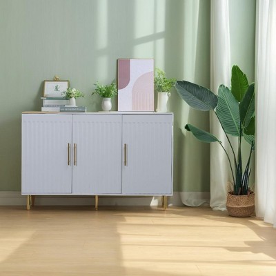 DOMETOUR 3-Door Large Storage Sideboard with Gold Handles 55.12" W Buffet Cabinet Coffee Bar Sideboard Cabinet for Kitchen Dining Room White
