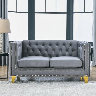 SYFERLORY Velvet Sofa for Living Room,Buttons Tufted Square Arm Couch, Grey